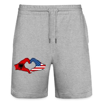Albania USA heart shape with hands - Stanley/Stella Trainer Unisex Organic Jogging Shorts - heather grey - Front - Nik (191cm) & Marisol (170cm)