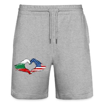 Bulgaria USA heart shape with hands used - Stanley/Stella Trainer Unisex Organic Jogging Shorts - heather grey - Front - Nik (191cm) & Marisol (170cm)