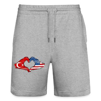 Türkiye USA heart shape with hands used - Stanley/Stella Trainer Unisex Organic Jogging Shorts - heather grey - Front - Nik (191cm) & Marisol (170cm)