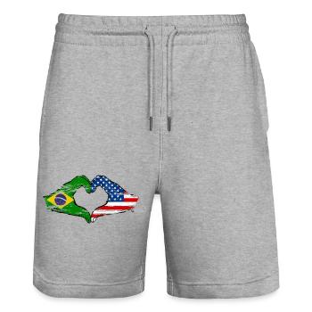 Brazil USA heart shape with hands used - Stanley/Stella Trainer Unisex Organic Jogging Shorts - heather grey - Front - Nik (191cm) & Marisol (170cm)