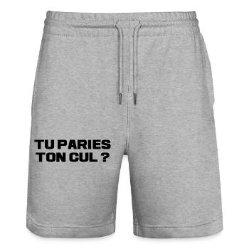 Tu paries ton cul - humour - Short de jogging bio TRAINER Stanley/Stella unisexe - gris chiné - Devant - Nik (191cm) & Marisol (170cm)