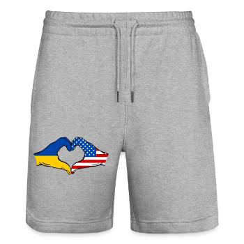 Ukraine USA Heart Shape with Hands - Stanley/Stella Trainer Unisex Organic Jogging Shorts - heather grey - Front - Nik (191cm) & Marisol (170cm)