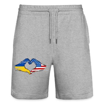 Ukraine USA Heart Shape with Hands Used - Stanley/Stella Trainer Unisex Organic Jogging Shorts - heather grey - Front - Nik (191cm) & Marisol (170cm)