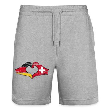 Germany Switzerland Flag Hands Heart Shape used - Stanley/Stella Trainer Unisex Organic Jogging Shorts - heather grey - Front - Nik (191cm) & Marisol (170cm)