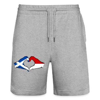 Scotland Indonesia Flag Hands Heart Shape - Stanley/Stella Trainer Unisex Organic Jogging Shorts - heather grey - Front - Nik (191cm) & Marisol (170cm)