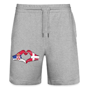 Serbie Danemark drapeau mains coeur forme utilisé - Short de jogging bio TRAINER Stanley/Stella unisexe - gris chiné - Devant - Nik (191cm) & Marisol (170cm)