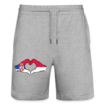 Serbia Indonesia Flag Hands Heart Shape - Stanley/Stella Trainer Unisex Organic Jogging Shorts - heather grey - Front - Nik (191cm) & Marisol (170cm)