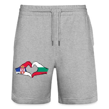 Serbien Bulgarien Flagge Hände Herzform - Stanley/Stella Unisex Bio Joggingshorts Trainer  - Grau meliert - Vorne - Nik (191cm) & Marisol (170cm)