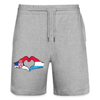 Mains du drapeau de la Serbie au Luxembourg en forme de coeur - Short de jogging bio TRAINER Stanley/Stella unisexe - gris chiné - Devant - Nik (191cm) & Marisol (170cm)