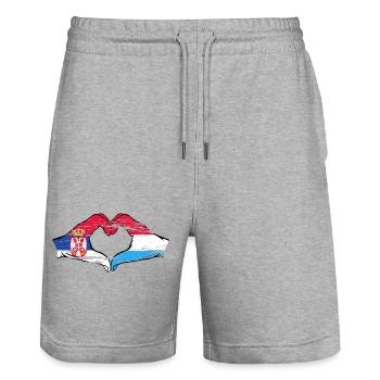 Aiguilles du drapeau de la Serbie Luxembourg en forme de coeur utilisé - Short de jogging bio TRAINER Stanley/Stella unisexe - gris chiné - Devant - Nik (191cm) & Marisol (170cm)