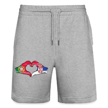 Portugal Serbie drapeau mains forme coeur utilisé - Short de jogging bio TRAINER Stanley/Stella unisexe - gris chiné - Devant - Nik (191cm) & Marisol (170cm)