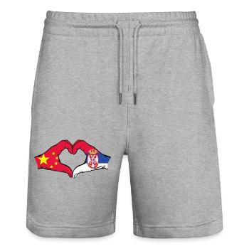 China Serbia Flag Hands Heart Shape - Stanley/Stella Trainer Unisex Organic Jogging Shorts - heather grey - Front - Nik (191cm) & Marisol (170cm)