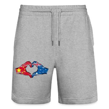 China Australia flag heart shape used - Stanley/Stella Trainer Unisex Organic Jogging Shorts - heather grey - Front - Nik (191cm) & Marisol (170cm)
