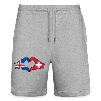 Iceland Switzerland Flag Hands Heart Shape Used - Stanley/Stella Trainer Unisex Organic Jogging Shorts - heather grey - Front - Nik (191cm) & Marisol (170cm)