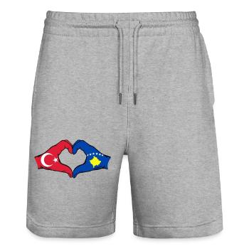 Turkey Kosovo Flag Hands Heart Shape - Stanley/Stella Trainer Unisex Organic Jogging Shorts - heather grey - Front - Nik (191cm) & Marisol (170cm)