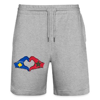 Kosovo Maroc drapeau mains forme coeur utilisé - Short de jogging bio TRAINER Stanley/Stella unisexe - gris chiné - Devant - Nik (191cm) & Marisol (170cm)