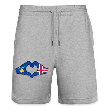 Kosovo Iceland Flag Hands Heart Shape Used - Stanley/Stella Trainer Unisex Organic Jogging Shorts - heather grey - Front - Nik (191cm) & Marisol (170cm)