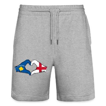 Kosovo Angleterre drapeau mains forme de coeur utilisé - Short de jogging bio TRAINER Stanley/Stella unisexe - gris chiné - Devant - Nik (191cm) & Marisol (170cm)