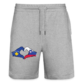 Kosovo Slovénie drapeau mains forme de coeur utilisé - Short de jogging bio TRAINER Stanley/Stella unisexe - gris chiné - Devant - Nik (191cm) & Marisol (170cm)