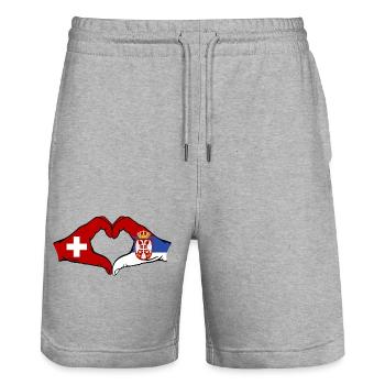 Switzerland Serbia Hands Heart Shape - Stanley/Stella Trainer Unisex Organic Jogging Shorts - heather grey - Front - Nik (191cm) & Marisol (170cm)