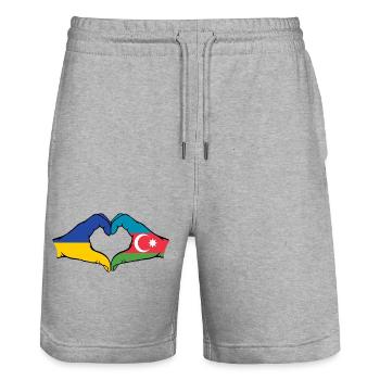 Ukraine Azerbaijan Flag Hands Heart Shape - Stanley/Stella Trainer Unisex Organic Jogging Shorts - heather grey - Front - Nik (191cm) & Marisol (170cm)