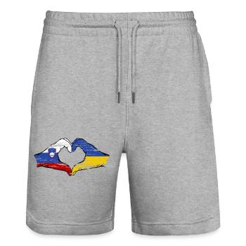 Slovenia Ukraine flag hands heart shape used - Stanley/Stella Trainer Unisex Organic Jogging Shorts - heather grey - Front - Nik (191cm) & Marisol (170cm)