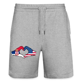 Serbia USA Flag Hands Heart Shape - Stanley/Stella Trainer Unisex Organic Jogging Shorts - heather grey - Front - Nik (191cm) & Marisol (170cm)
