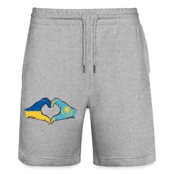 Ukraine Kazakhstan Flag Hands Heart Shape Used - Stanley/Stella Trainer Unisex Organic Jogging Shorts - heather grey - Front - Nik (191cm) & Marisol (170cm)