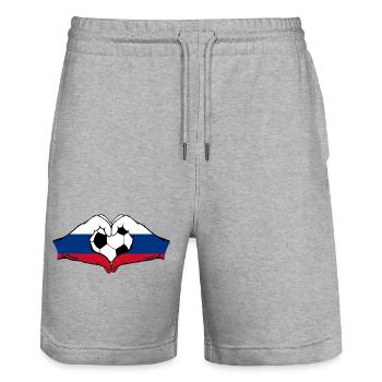 Forme de coeur de mains de football de drapeau de la Russie - Short de jogging bio TRAINER Stanley/Stella unisexe - gris chiné - Devant - Nik (191cm) & Marisol (170cm)