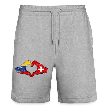 Venezuela Schweiz Flagge Hände Herzform used - Stanley/Stella Unisex Bio Joggingshorts Trainer  - Grau meliert - Vorne - Nik (191cm) & Marisol (170cm)
