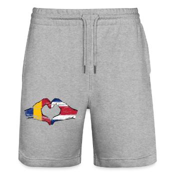 Romania Costa Rica flag hands heart shape used - Stanley/Stella Trainer Unisex Organic Jogging Shorts - heather grey - Front - Nik (191cm) & Marisol (170cm)