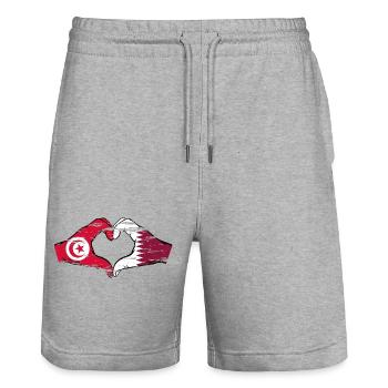 Tunisia Qatar flag hands heart shape used - Stanley/Stella Trainer Unisex Organic Jogging Shorts - heather grey - Front - Nik (191cm) & Marisol (170cm)