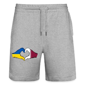 Drapeau de l’Ukraine Qatar Mains Coeur Forme - Short de jogging bio TRAINER Stanley/Stella unisexe - gris chiné - Devant - Nik (191cm) & Marisol (170cm)