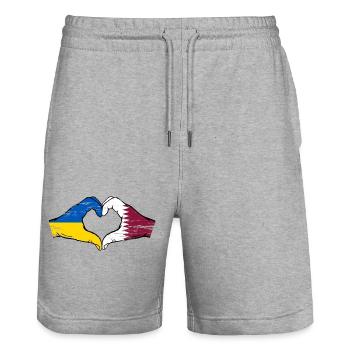 Ukraine Katar Flagge Hände Herzform used - Stanley/Stella Unisex Bio Joggingshorts Trainer  - Grau meliert - Vorne - Nik (191cm) & Marisol (170cm)