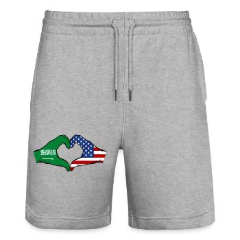 Saudi Arabia USA Flag Hands Heart Shape - Stanley/Stella Trainer Unisex Organic Jogging Shorts - heather grey - Front - Nik (191cm) & Marisol (170cm)