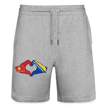 Chine Bosnie drapeau coeur forme - Short de jogging bio TRAINER Stanley/Stella unisexe - gris chiné - Devant - Nik (191cm) & Marisol (170cm)