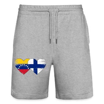 Venezuela Finland flag hands heart shape used - Stanley/Stella Trainer Unisex Organic Jogging Shorts - heather grey - Front - Nik (191cm) & Marisol (170cm)