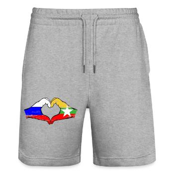 Russia Myanmar flag hands heart shape used - Stanley/Stella Trainer Unisex Organic Jogging Shorts - heather grey - Front - Nik (191cm) & Marisol (170cm)