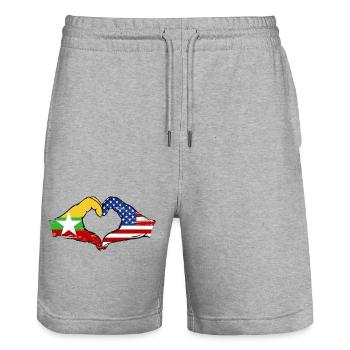 Myanmar USA flag hands heart shape used - Stanley/Stella Trainer Unisex Organic Jogging Shorts - heather grey - Front - Nik (191cm) & Marisol (170cm)