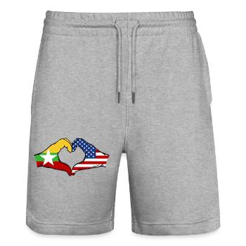 Myanmar USA Flag Hands Heart Shape - Stanley/Stella Trainer Unisex Organic Jogging Shorts - heather grey - Front - Nik (191cm) & Marisol (170cm)