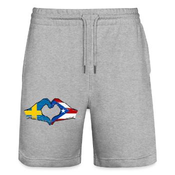 Sweden Puerto Rico hands heart shape used - Stanley/Stella Trainer Unisex Organic Jogging Shorts - heather grey - Front - Nik (191cm) & Marisol (170cm)