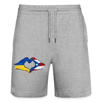 Ukraine Puerto Rico Flagge Hände Herzform used - Stanley/Stella Unisex Bio Joggingshorts Trainer  - Grau meliert - Vorne - Nik (191cm) & Marisol (170cm)