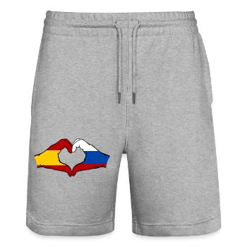 Espagne Russie Drapeau Mains Coeur - Short de jogging bio TRAINER Stanley/Stella unisexe - gris chiné - Devant - Nik (191cm) & Marisol (170cm)
