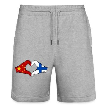 China Finnland Flagge Hände Herzform - Stanley/Stella Unisex Bio Joggingshorts Trainer  - Grau meliert - Vorne - Nik (191cm) & Marisol (170cm)