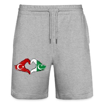 Turkey Pakistan flag hands heart shape used - Stanley/Stella Trainer Unisex Organic Jogging Shorts - heather grey - Front - Nik (191cm) & Marisol (170cm)