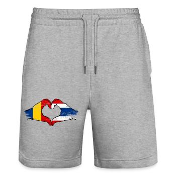Rumänien Thailand Flagge Hände Herzform used - Stanley/Stella Unisex Bio Joggingshorts Trainer  - Grau meliert - Vorne - Nik (191cm) & Marisol (170cm)