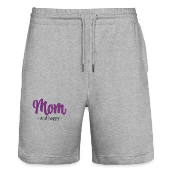 Mom and happy - Embroidery effect - Stanley/Stella Trainer Unisex Organic Jogging Shorts - heather grey - Front - Nik (191cm) & Marisol (170cm)