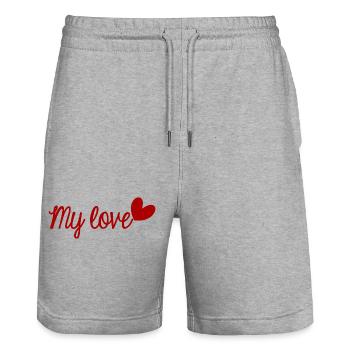 LIEBE. ICH LIEBE DICH. VALENTINSTAG. JUNGGESELLINNENABSCHIED. ICH LIEBE DICH. - Stanley/Stella Unisex Bio Joggingshorts Trainer  - Grau meliert - Vorne - Nik (191cm) & Marisol (170cm)