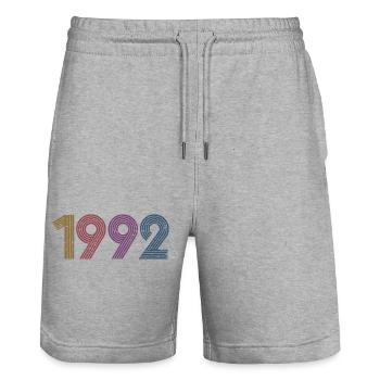 Cool Retro 1992, 30 ans, cadeau de 30e anniversaire - Short de jogging bio TRAINER Stanley/Stella unisexe - gris chiné - Devant - Nik (191cm) & Marisol (170cm)