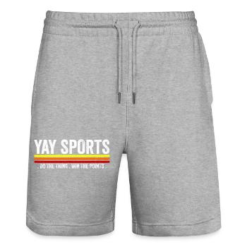 Juhu, los geht's! Nicht-Sport-Fan Go Sports Yay Sports - Stanley/Stella Unisex Bio Joggingshorts Trainer  - Grau meliert - Vorne - Nik (191cm) & Marisol (170cm)